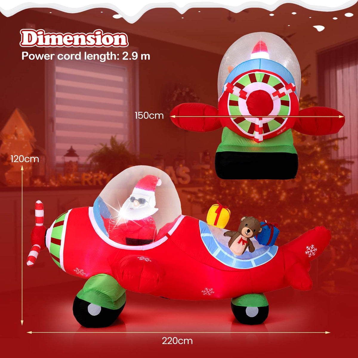 2.2m Christmas Inflatables Airplane with Gift Boxes and Built-in LED Lights