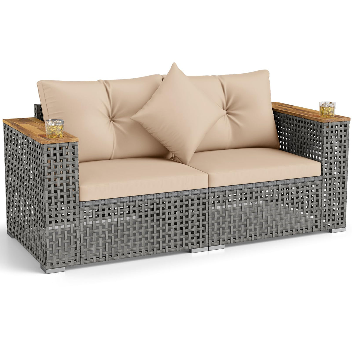 2-Piece Patio Corner Sofa Set Outdoor Sectional Wicker Loveseat with Thick Cushions