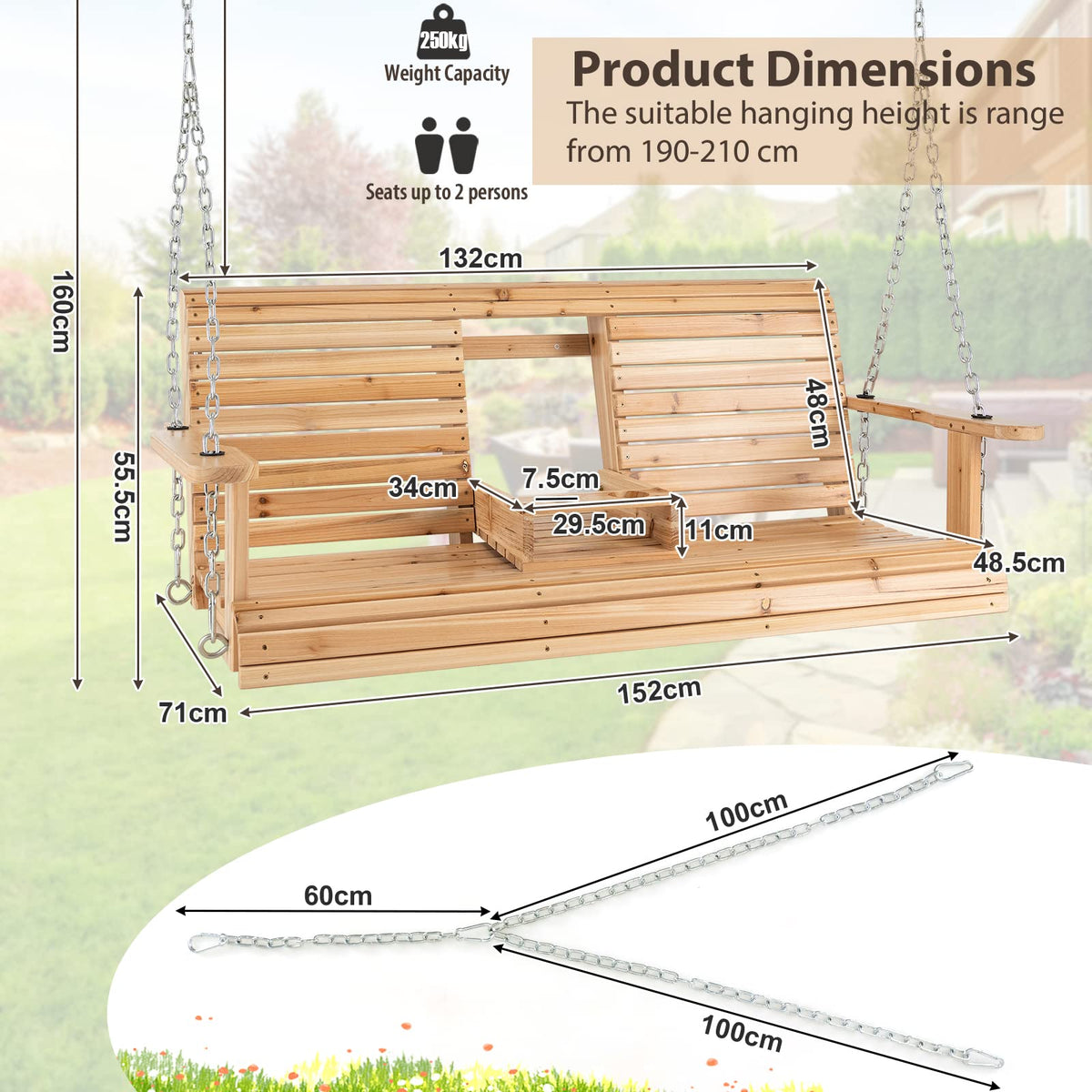 Hanging Porch Swing, 2-seat Wood Swing Bench W/Folding Cup Holder and Sturdy Metal Hanging Chains