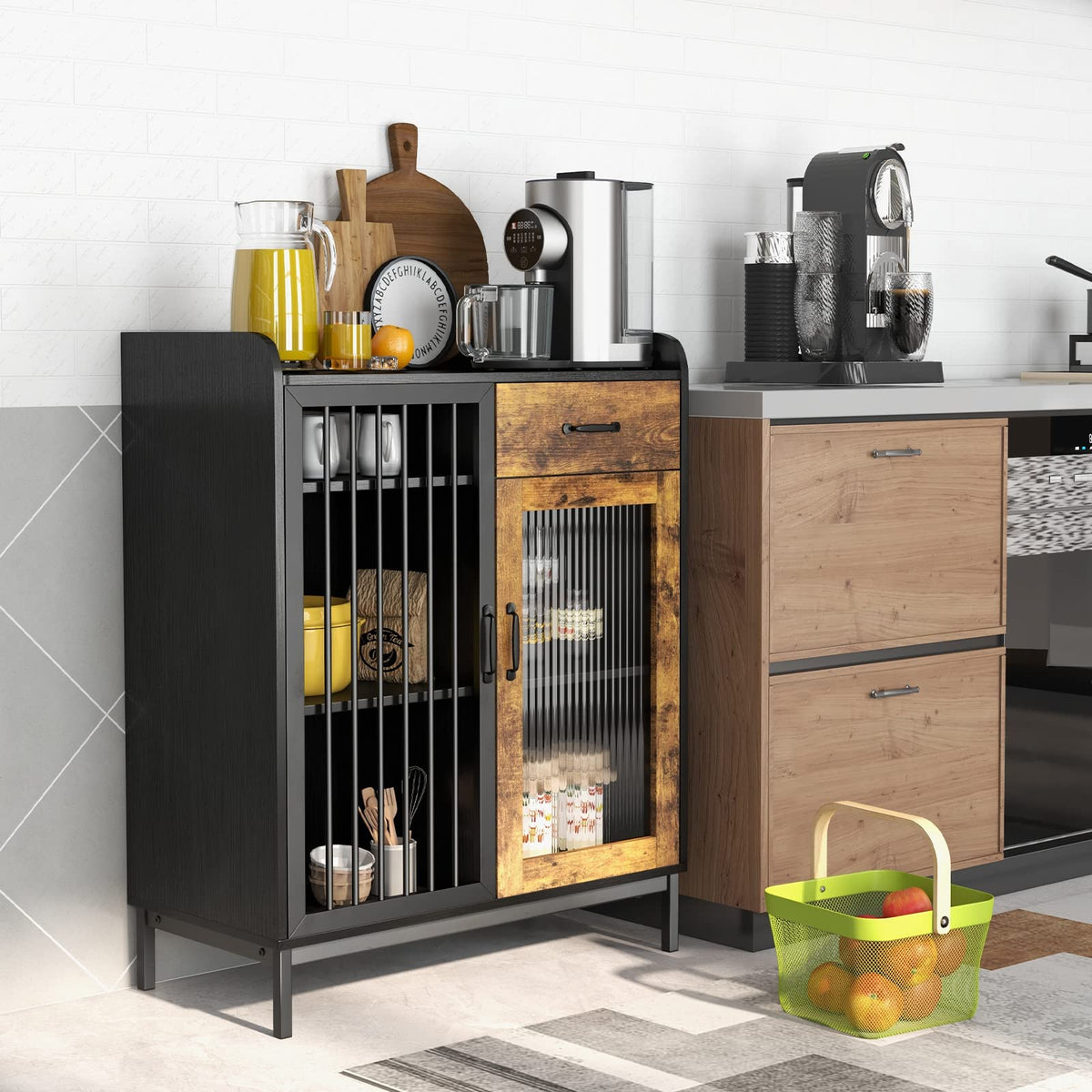 Giantex Buffet Sideboard, Industrial Pantry Cupboard, Drawer, Compartments, Mesh & Tempered Glass Door