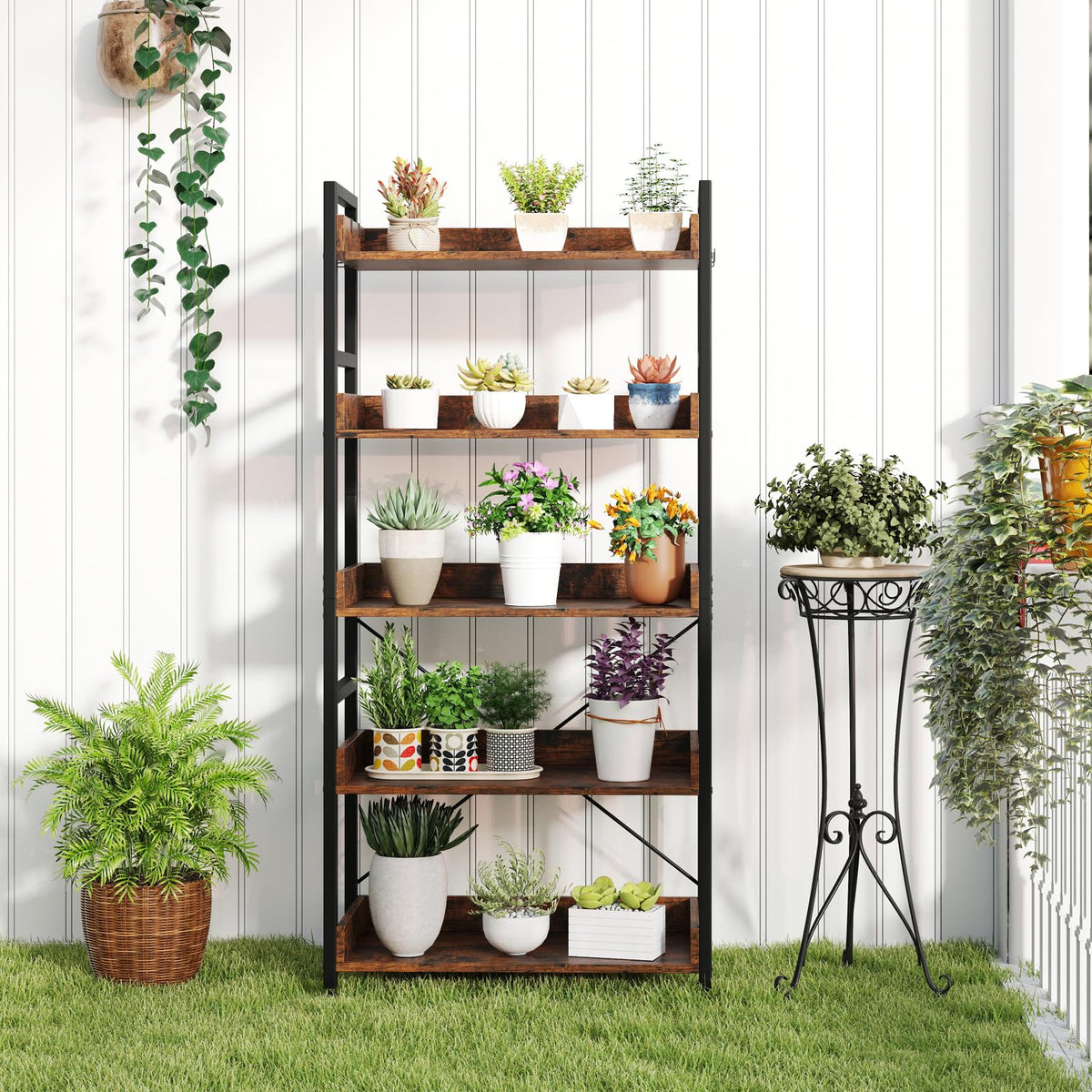 5-Tier Bookshelf,Tall Industrial Bookcase w/Open Shelves & 4 Hooks