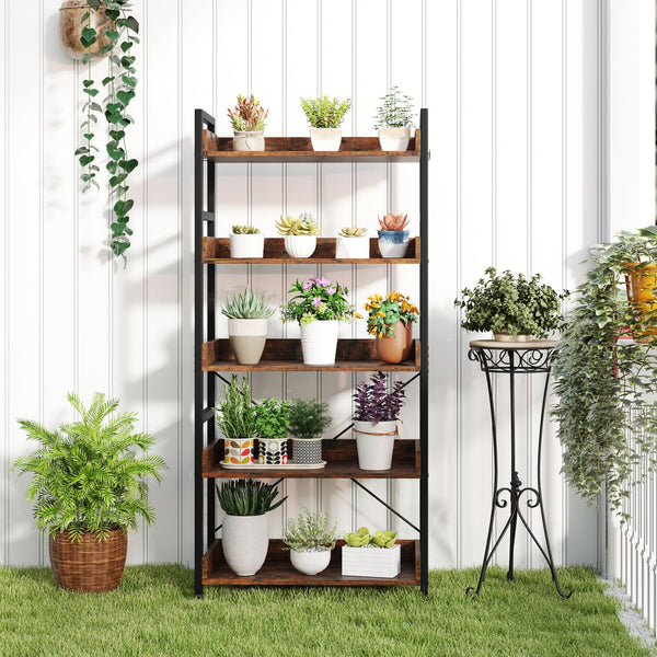 5-Tier Bookshelf,Tall Industrial Bookcase w/Open Shelves & 4 Hooks