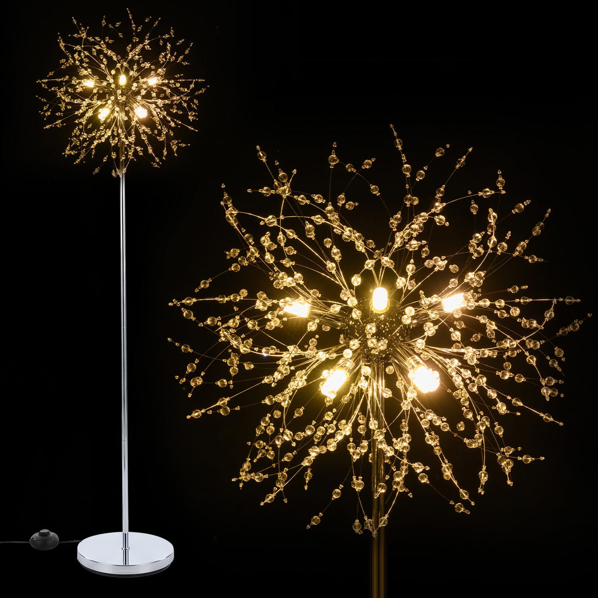 160cm Crystal Floor Lamp, Modern Freestanding Dandelion Light with Acrylic Crystals