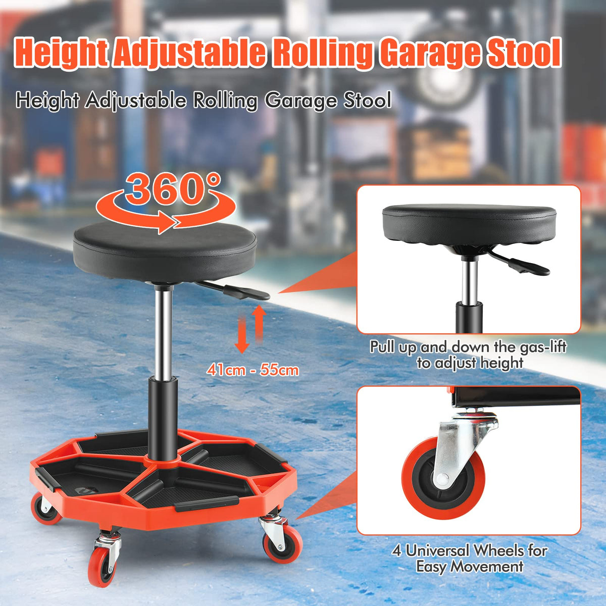 150 kg Capacity Pneumatic Rolling Mechanic Stool, Adjustable Roller Seat with Padded Seat