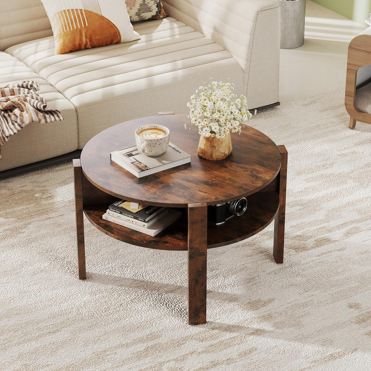 2-Tier Round Coffee Table w/Storage, 75 cm Tea Cocktail Table w/ 4 Shelves