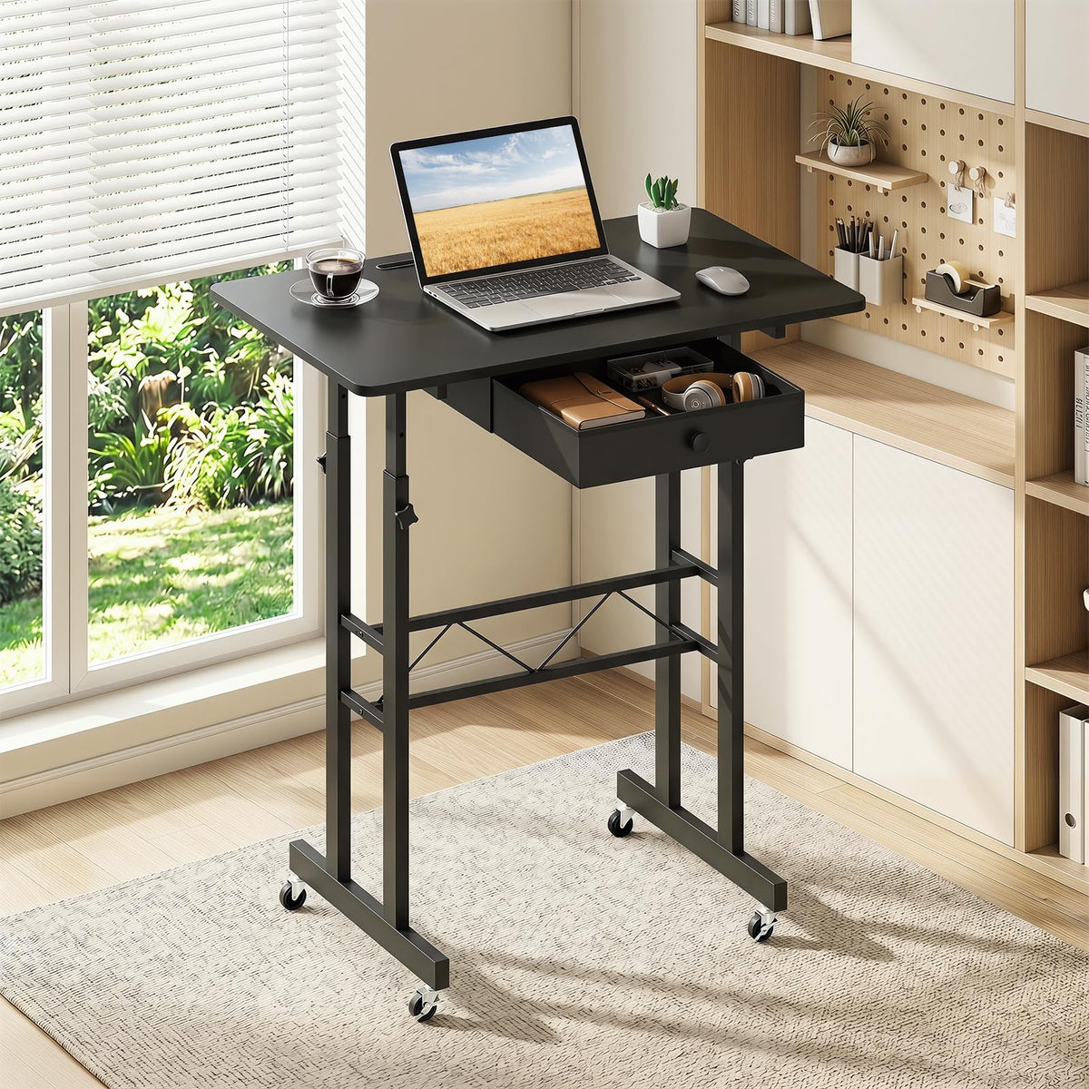 Standing Desk Height Adjustable with Fabric Drawer and Lockable Wheels