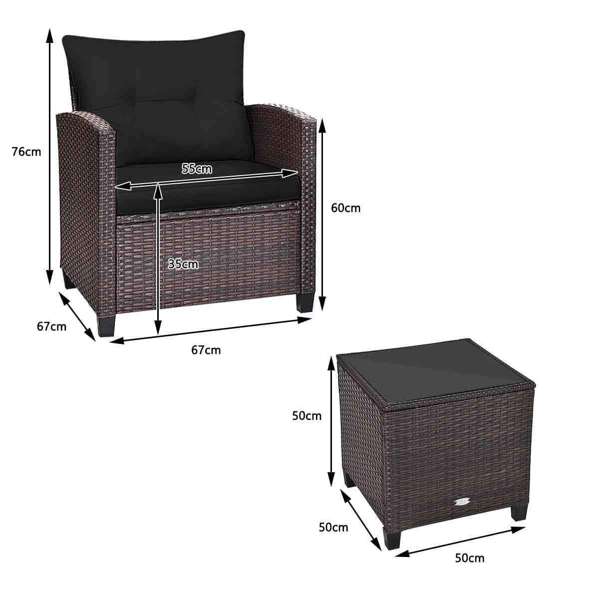 3 Pieces Patio Lounge Set, PE Rattan Wicker Outdoor Sofa Set w/Washable Cushion and Tempered Glass Tabletop