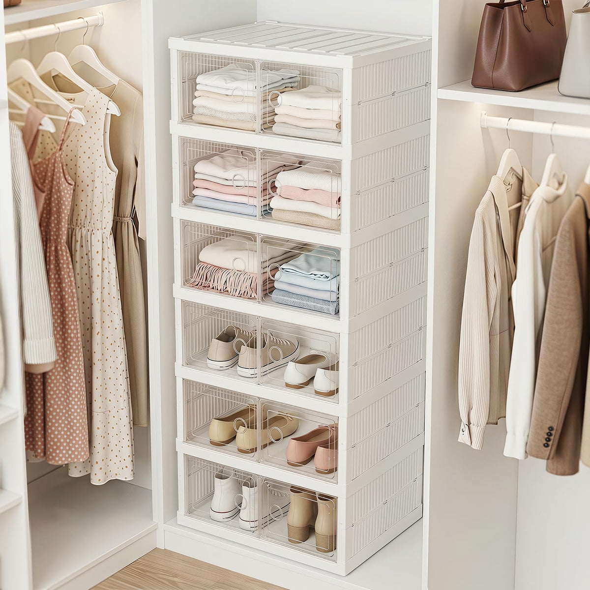 6-Tier Folding Plastic Shoe Organizer with Clear Doors and 12 Pairs for Entryway