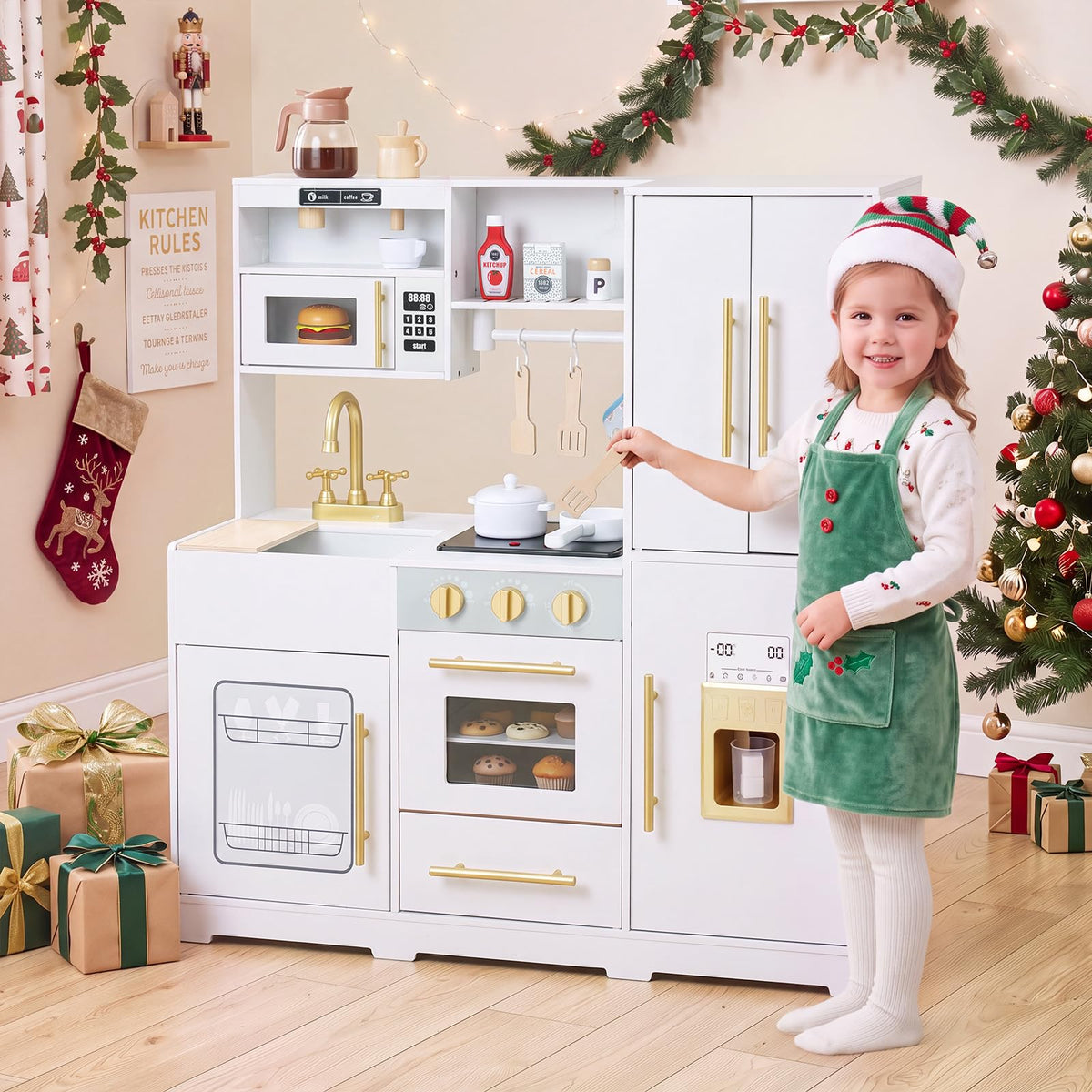 Wooden Play Kitchen with Lights & Sounds and Sink Stove Oven for Kids Ages 3+