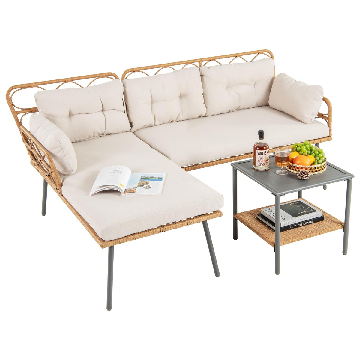 3 Pieces Corner Patio Furniture with Small Coffee Table for Garden Backyard