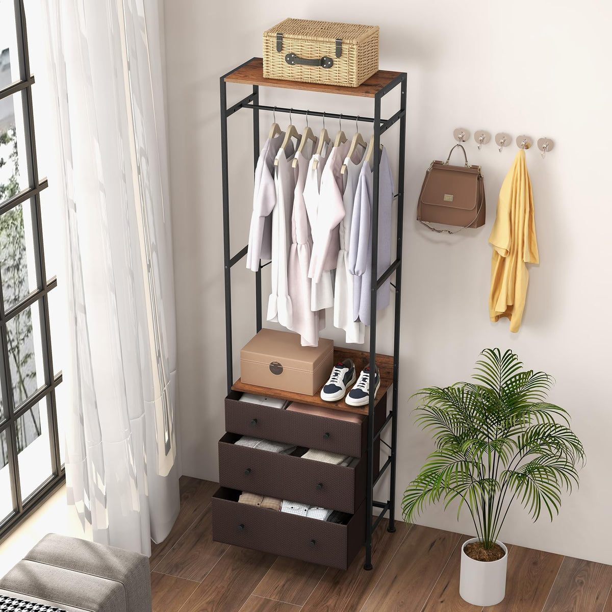 Clothes Rack with Drawers Closet Organizer w/ Hanging Rod & Storage Shelves