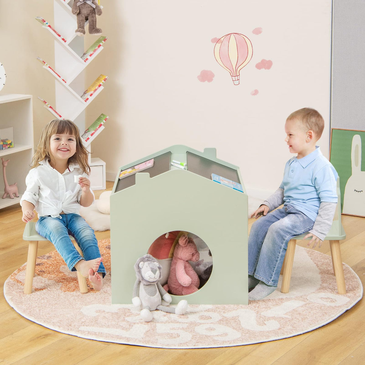 3 Pieces Kids Wooden Activity Play Desk and Chair Set with Chalkboards