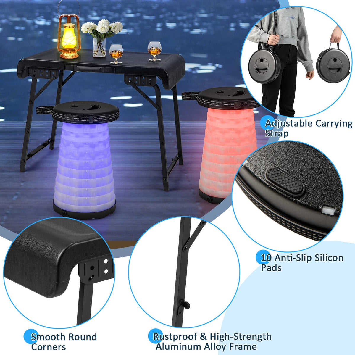 3-Piece LED Folding Table Stool Set with Retractable Design for Picnic/Camping