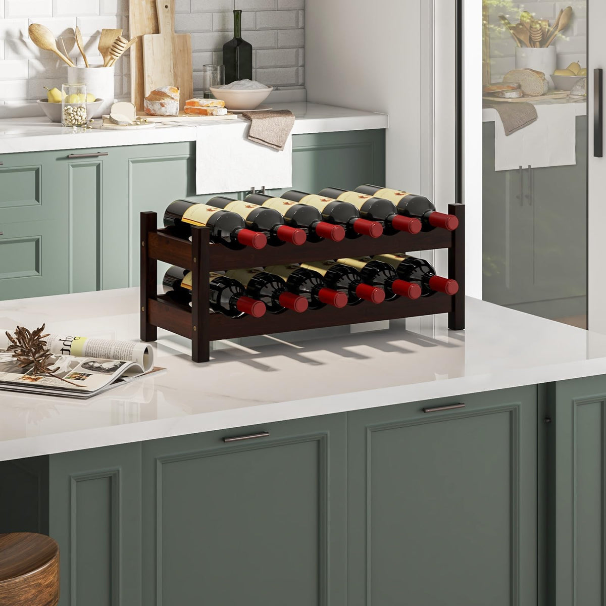 12 Bottle 2-Tier Wine Storage Organizer with Bamboo Holder for Countertop Wine Cellar