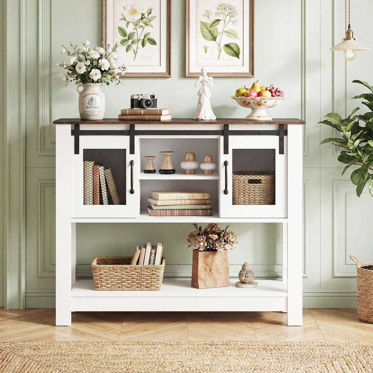 102cm Small Farmhouse Console Table with Adjustable Shelf and 2 Storage Cabinets for Entrance