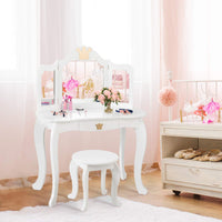 2-in-1 Kids Dressing Table & Stool Set, Toddler Wooden Vanity Table with Tri-Fold Mirror & Drawer