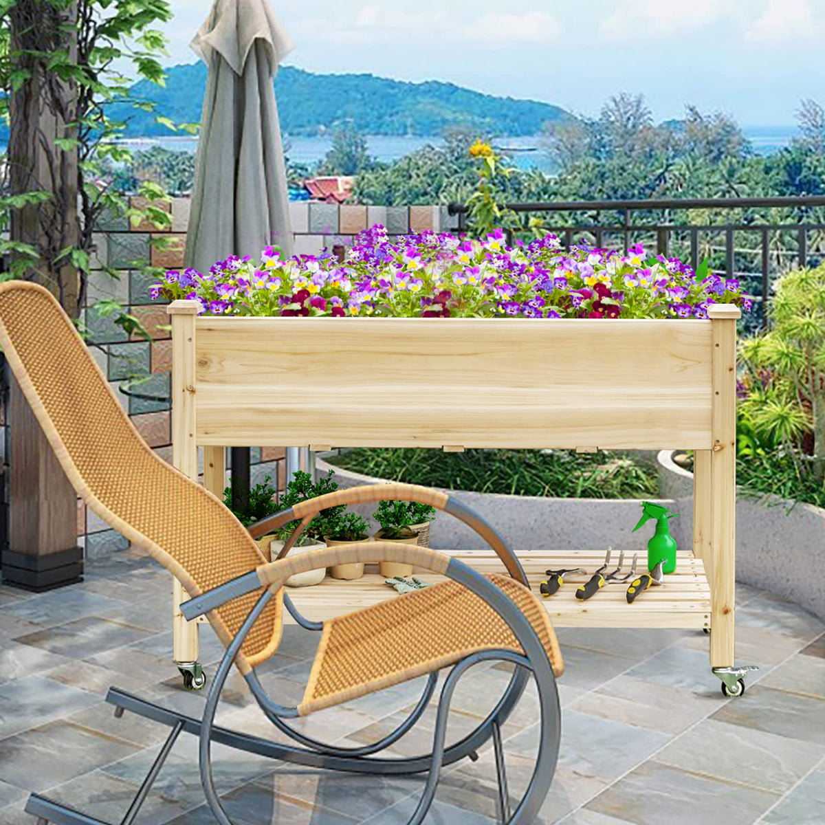 Elevated Wooden Planter Box with Lockable Wheels and Shelf