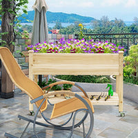 Elevated Wooden Planter Box with Lockable Wheels and Shelf