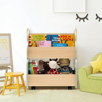 Kids Wooden Bookshelf with Universal Wheels and 2-Tier Storage Shelf