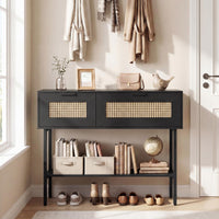 Rattan Console Table with Flip Doors and Open Storage Shelf