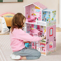 Kids Wooden Dollhouse with 5 Simulated Rooms & 10 Pieces of Furniture