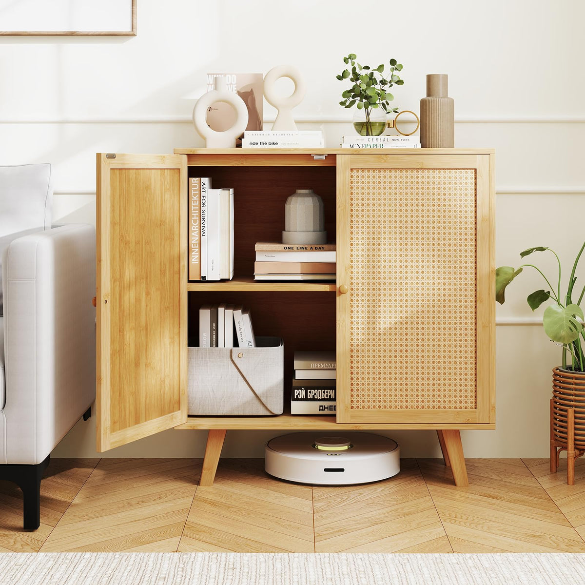 Bamboo Buffet Cabinet Boho Sideboard Storage Cabinet with Doors