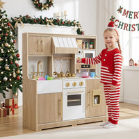 Wooden Play Kitchen with Lights & Sounds and Ice Maker Stove Sink for Toddlers Ages 3+