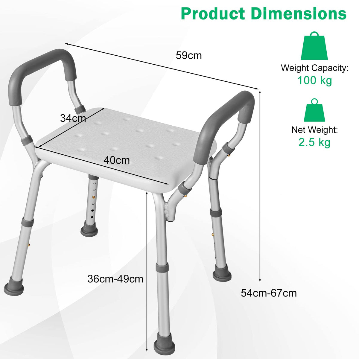 Bath Chair Shower Bench w/Detachable Padded Arms, Anti-Slip Rubber Feet