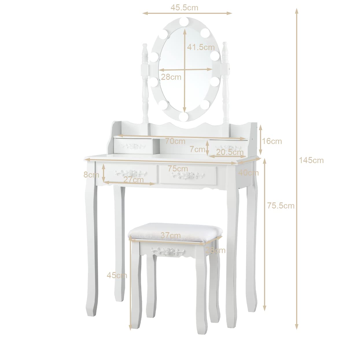 Dressing Table Stool Set, LED Vanity Makeup Table Desk