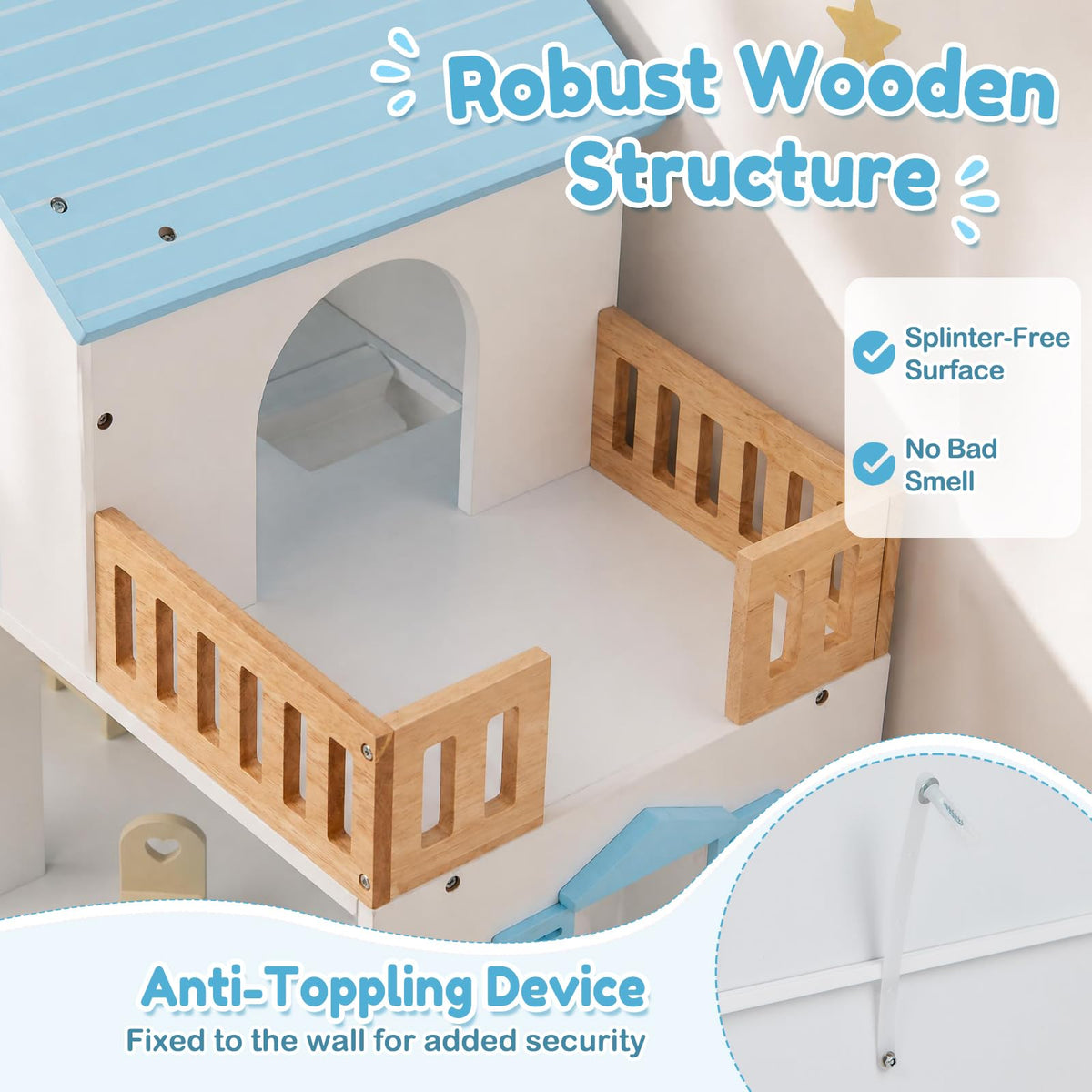 3-Story Wooden Dollhouse Playset for Kids