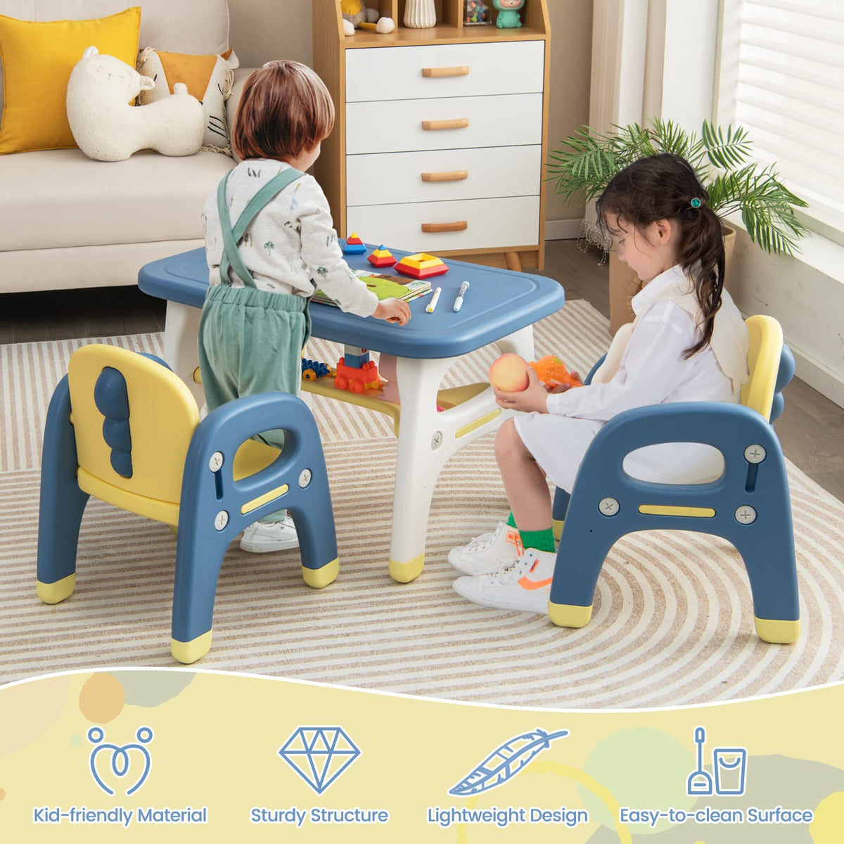 Kids Table and Chairs Set, 3-Piece Activity Table Set for Children w/Curved Storage Shelf for Arts