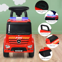 Kids Ride On Car, Benz Licensed Fire Engine w/Storage Space, Steering Wheel, Backrest