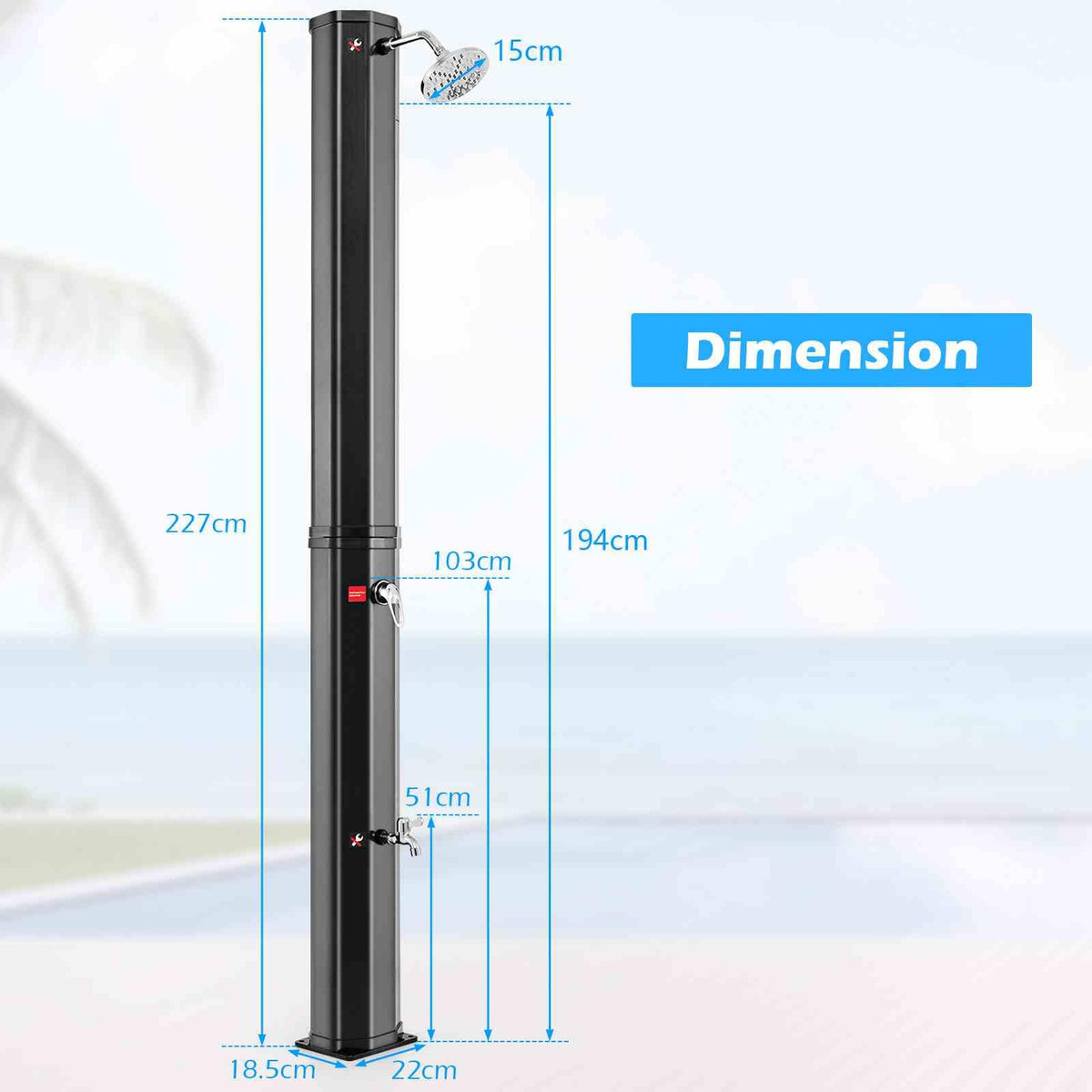 60 L Solar Heated Outdoor Shower, 2.3 CM Outdoor Shower with Shower Head and Foot Shower Tap