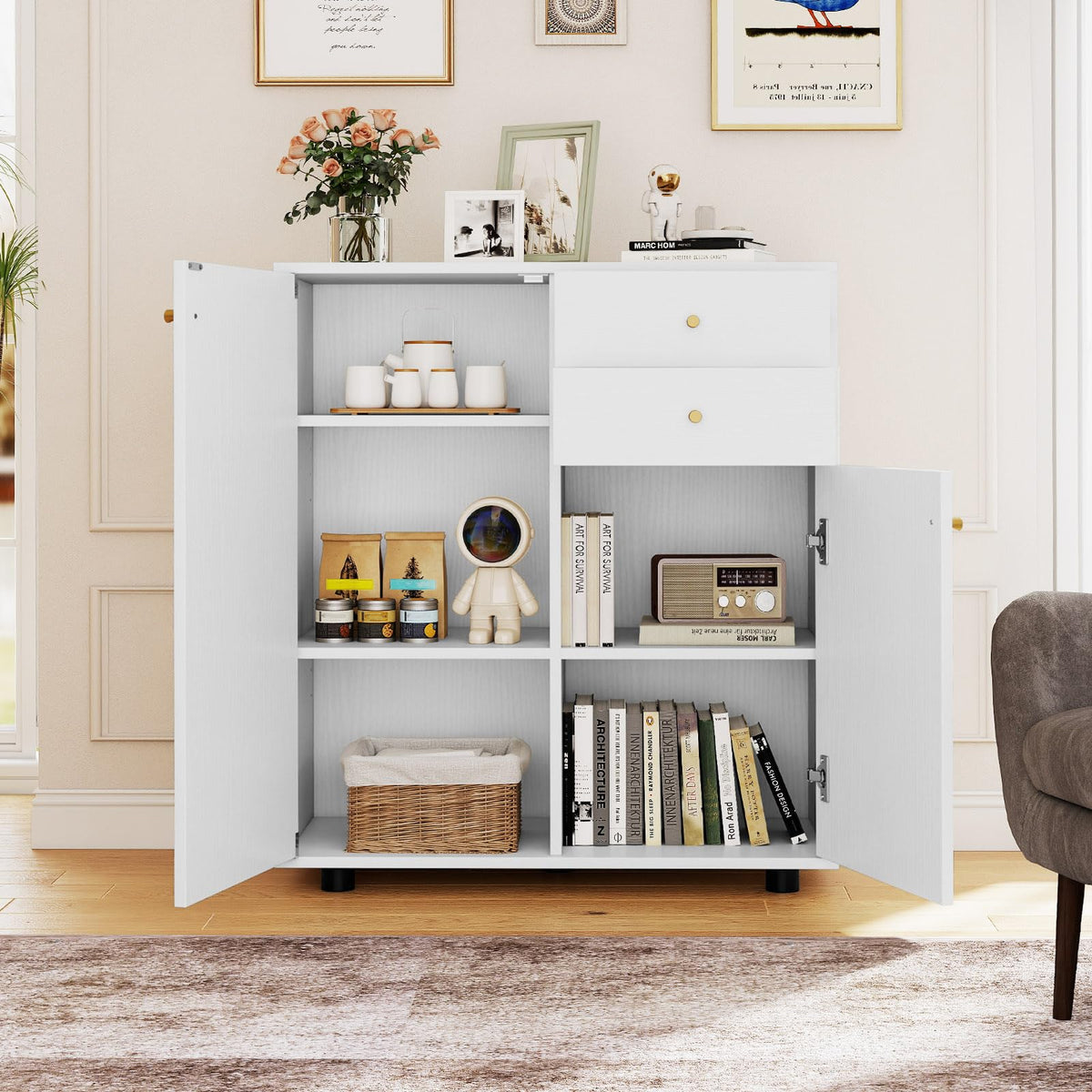 Kitchen Sideboard Buffet Cabinet with 2 Drawers 2 Doors and 3 Adjustable Shelves