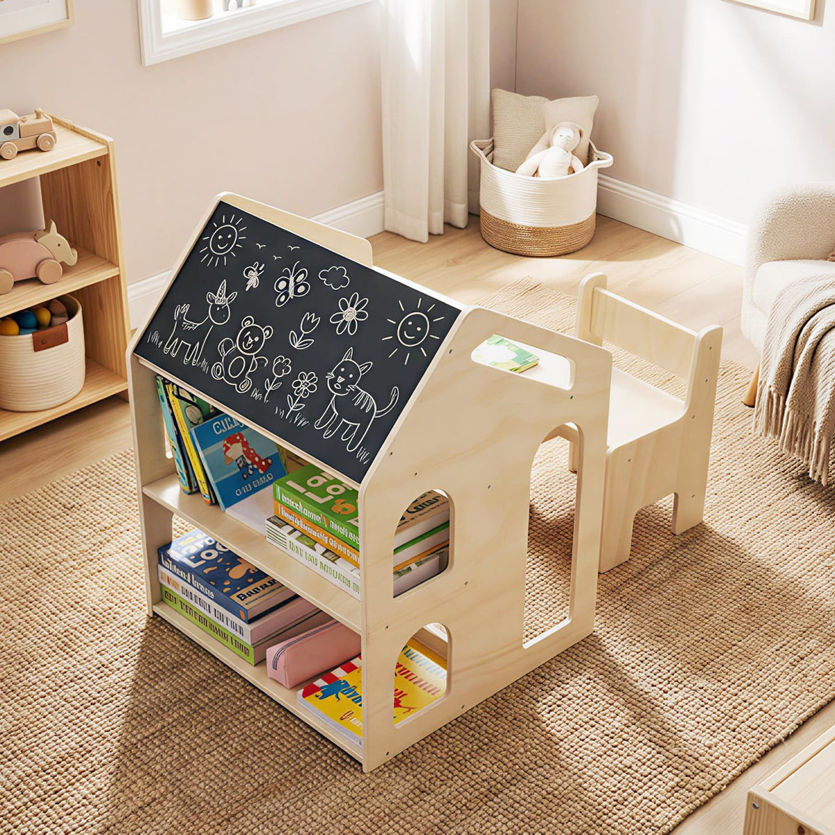 3-in-1 Toddler Art Table Set with 2 Bookshelves and Chalkboard for Painting and Crafting