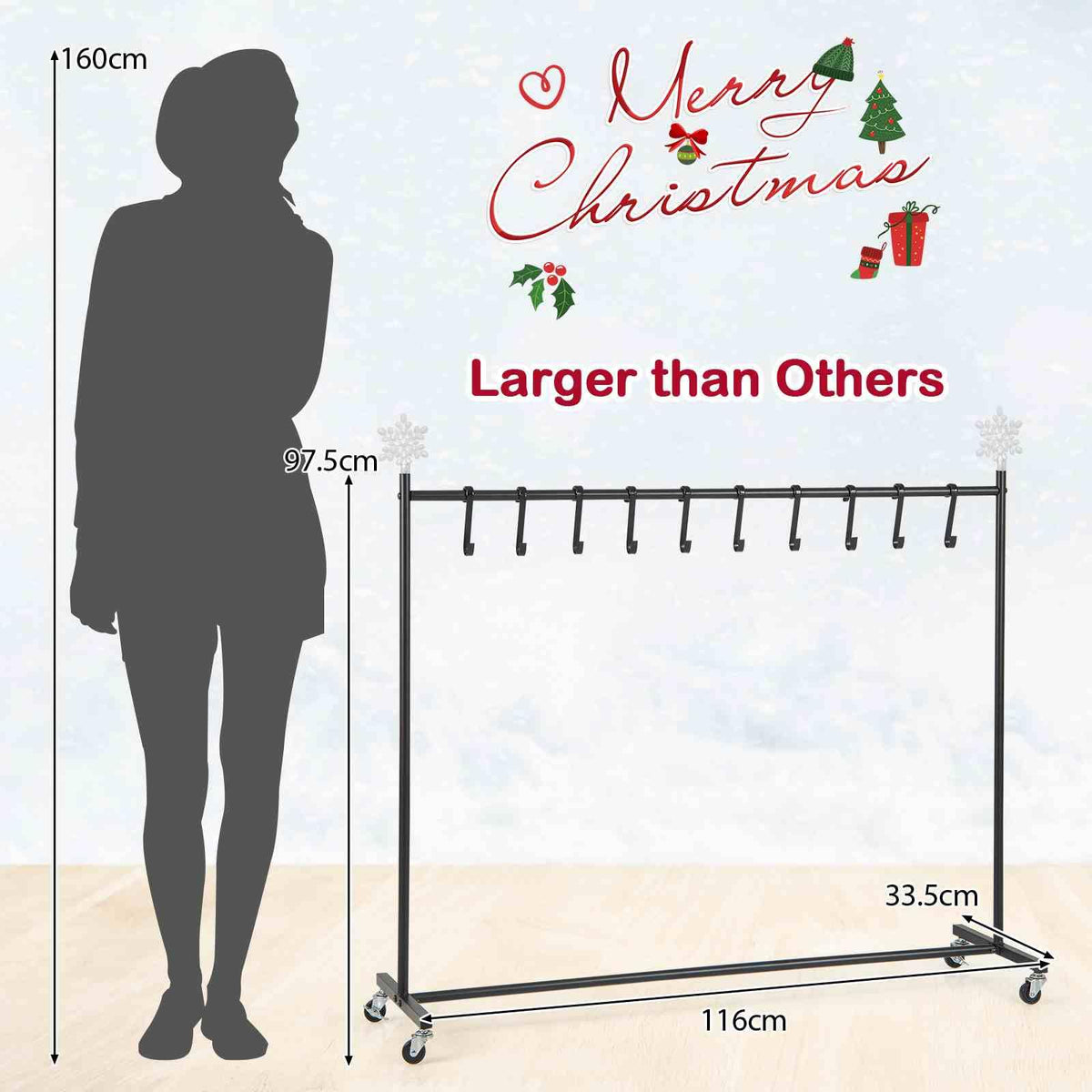 10-Hook Christmas Stocking Holder Stand on Wheels, Heavy Duty Freestanding Rack with 6 Removable Christmas Tree/Reindeer/Snowflake Toppers