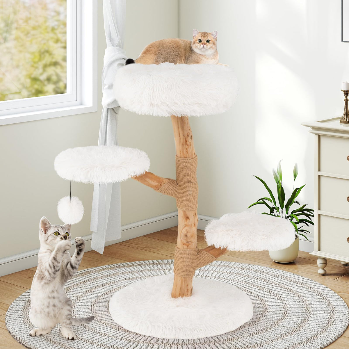 Modern Wood Branch Cat Tree with Jute Scratching Post and Padded Perch