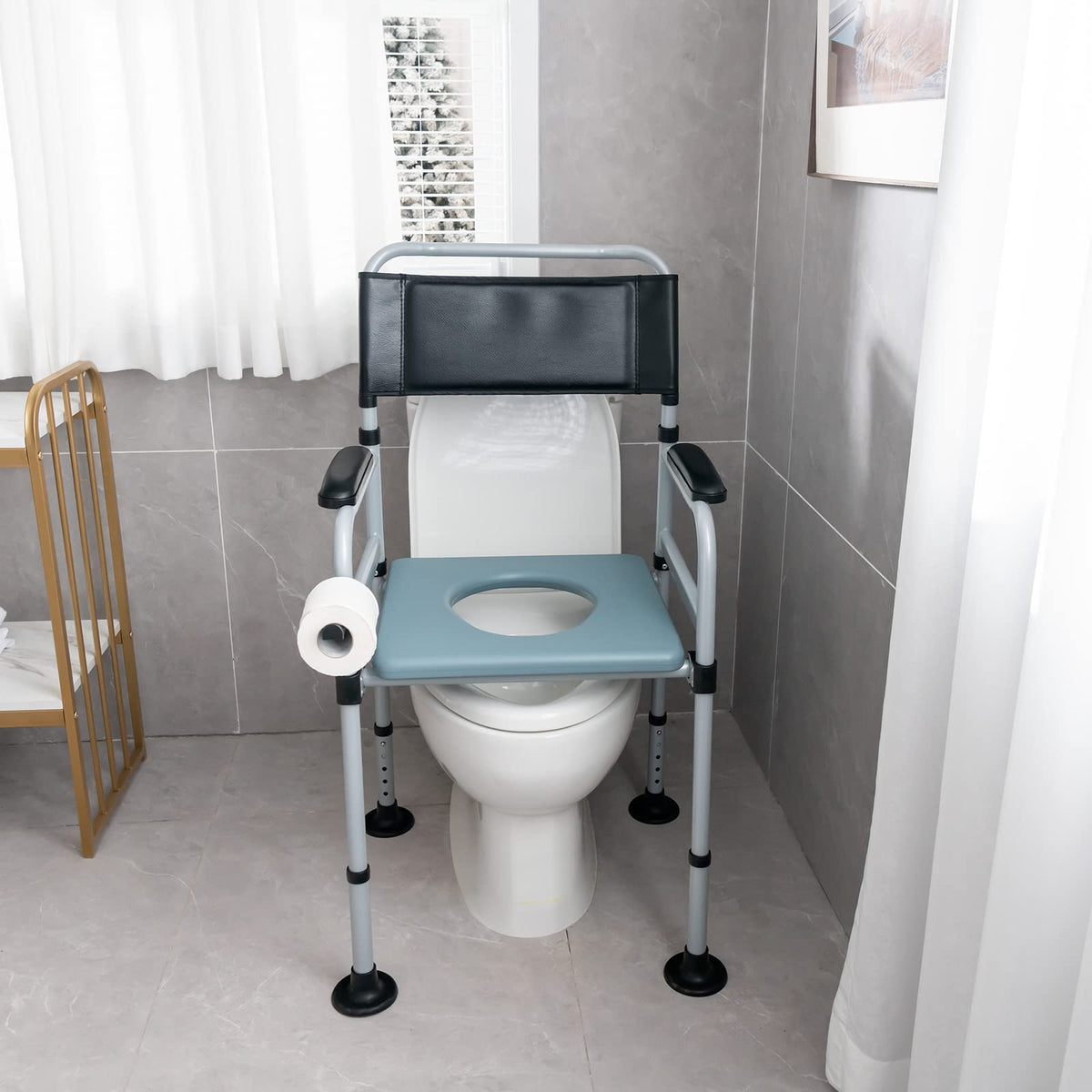 Folding Bedside Commode Chair Height Adjustable with Padded Seat and Backrest