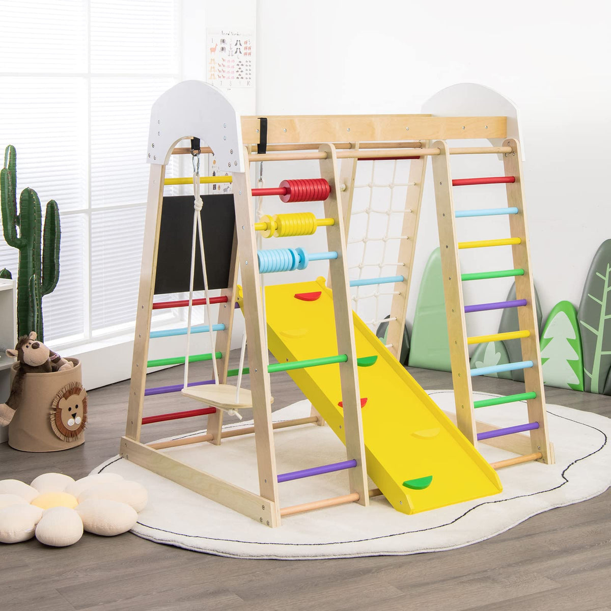 8-in-1 Wooden Climbing Playset with Slide and Drawing Board