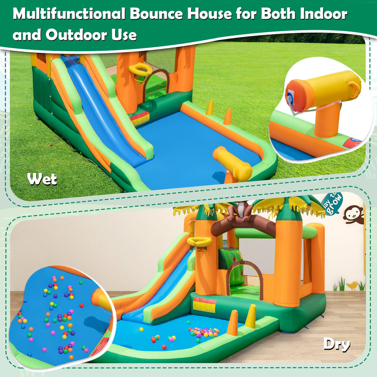 7-in-1 Bounce House Water Park w/Splash Pool, Water Cannon, Ring-toss Game, Climbing Wall