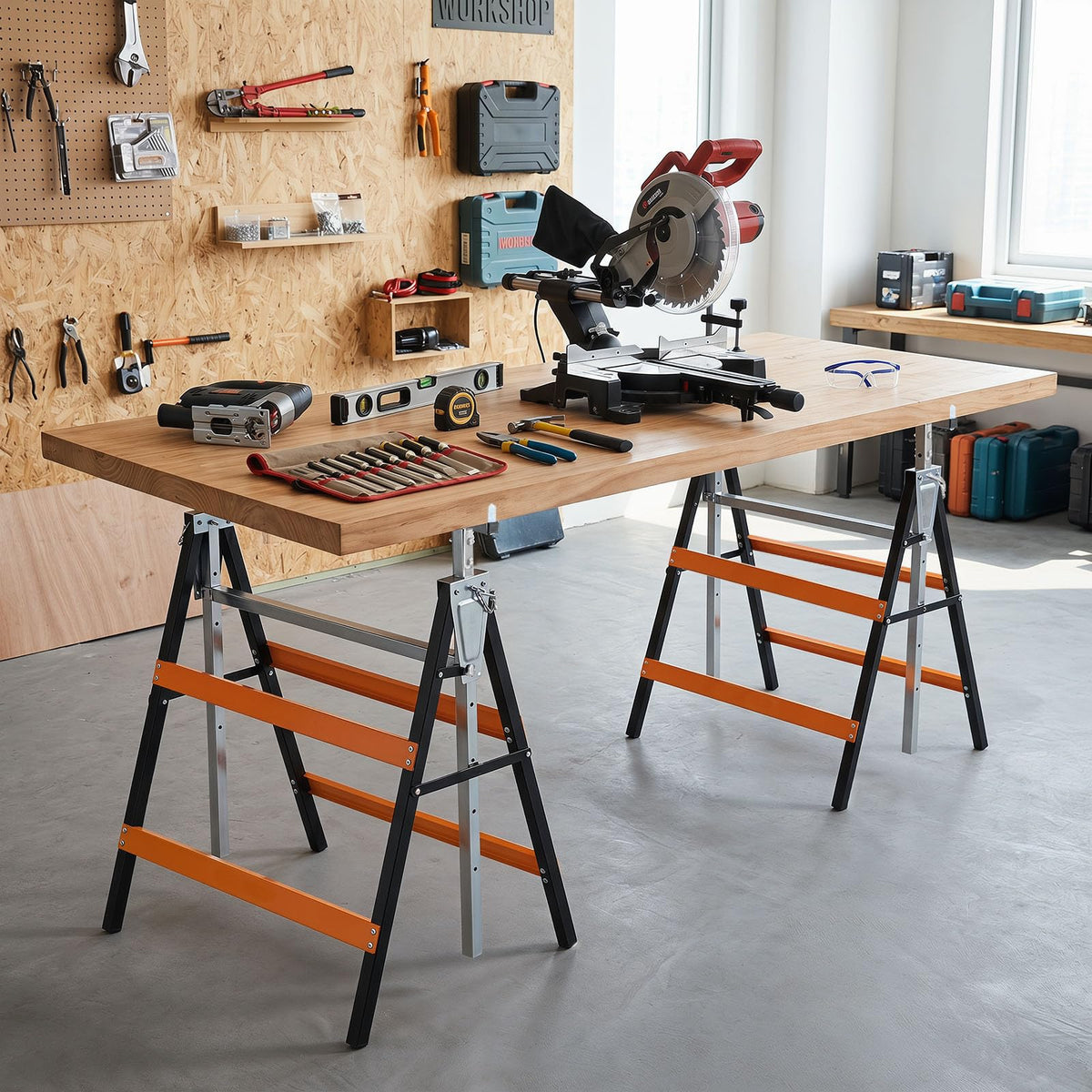 2 Pack Folding Saw Horses, Heavy Duty Metal Adjustable Height Sawhorse Set