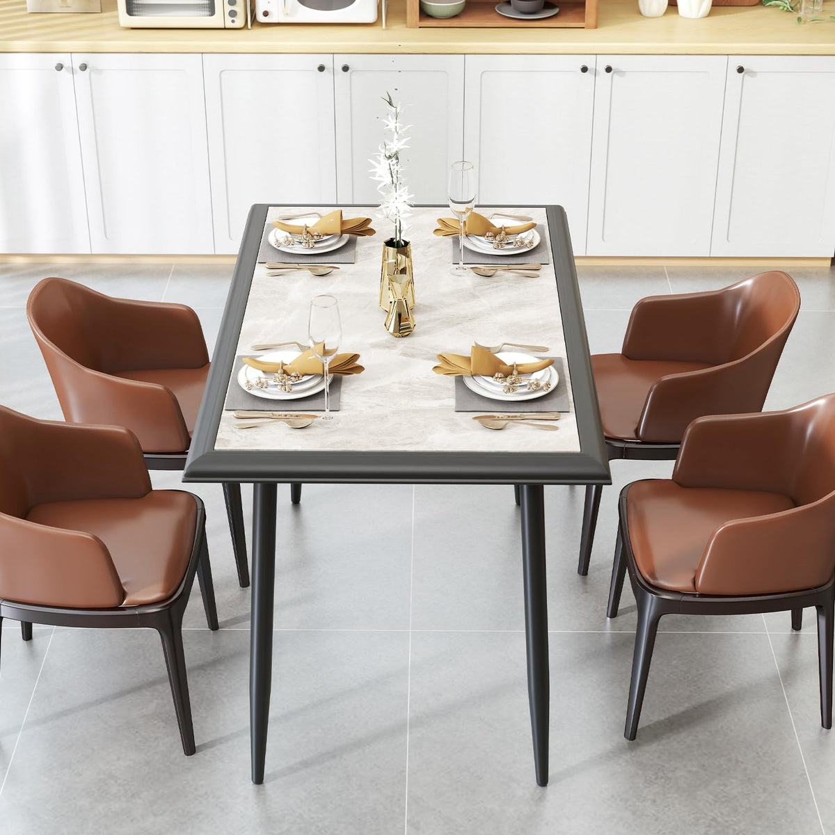 Sintered Stone Dining Table, Rectangular Kitchen Table w/Metal Frame