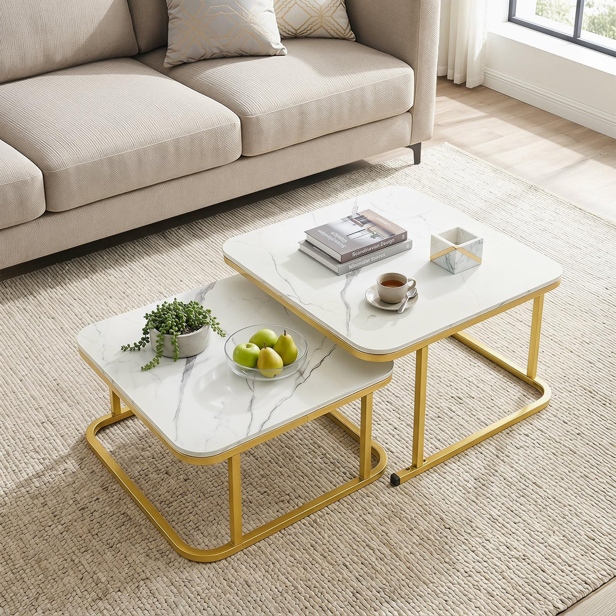 Nesting Coffee Table Set of 2 with Faux Marble Tabletop and Metal Frame for Living Room Bedroom