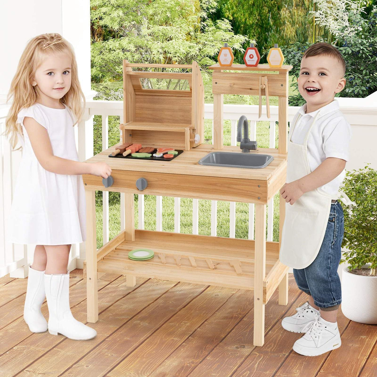 Wooden Barbecue Grill Toy Set with Sink and Faucet Kids BBQ Grill Playset
