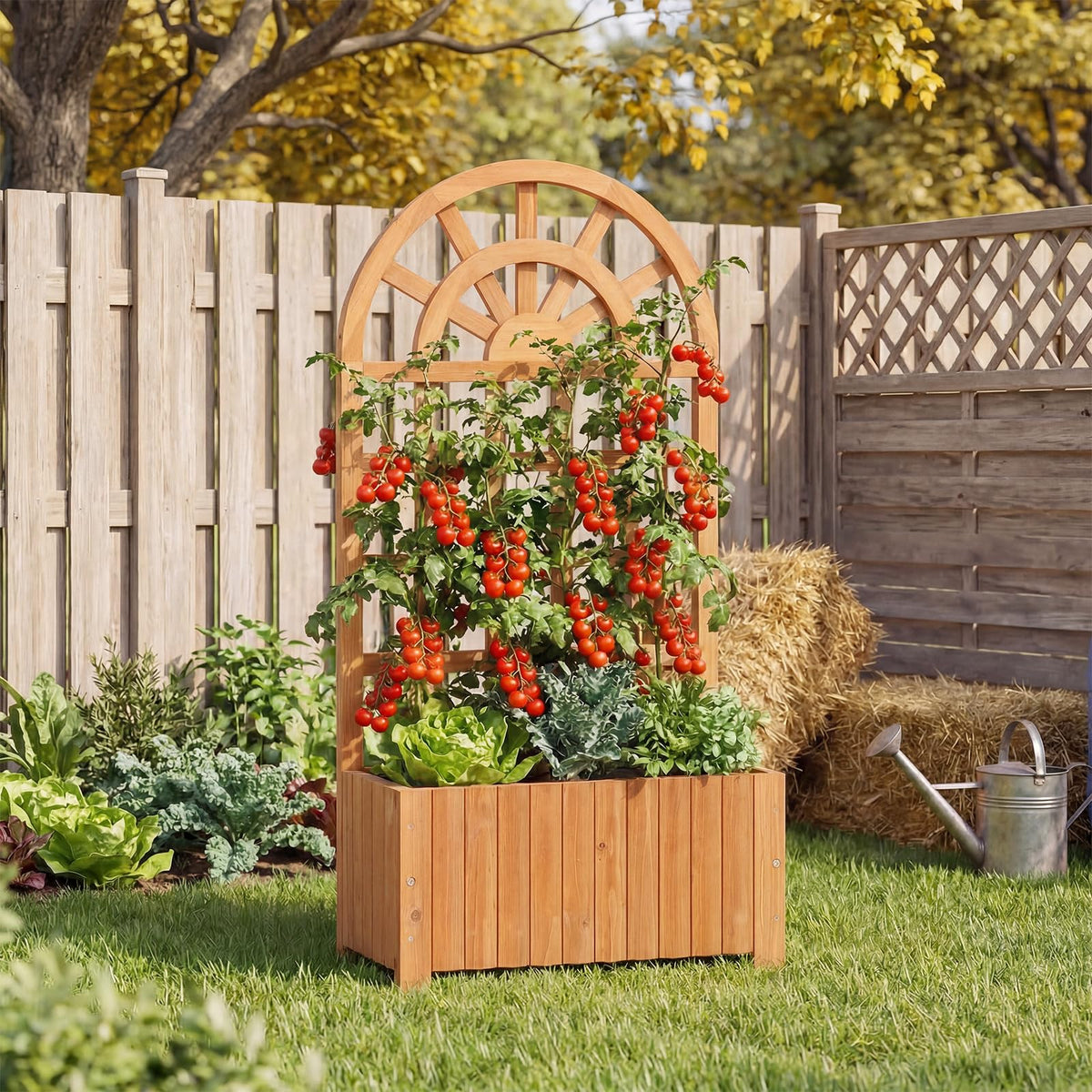 Wooden Raised Garden Bed with Trellis, 121/182 cm Outdoor Planter Box w/Privacy Screen