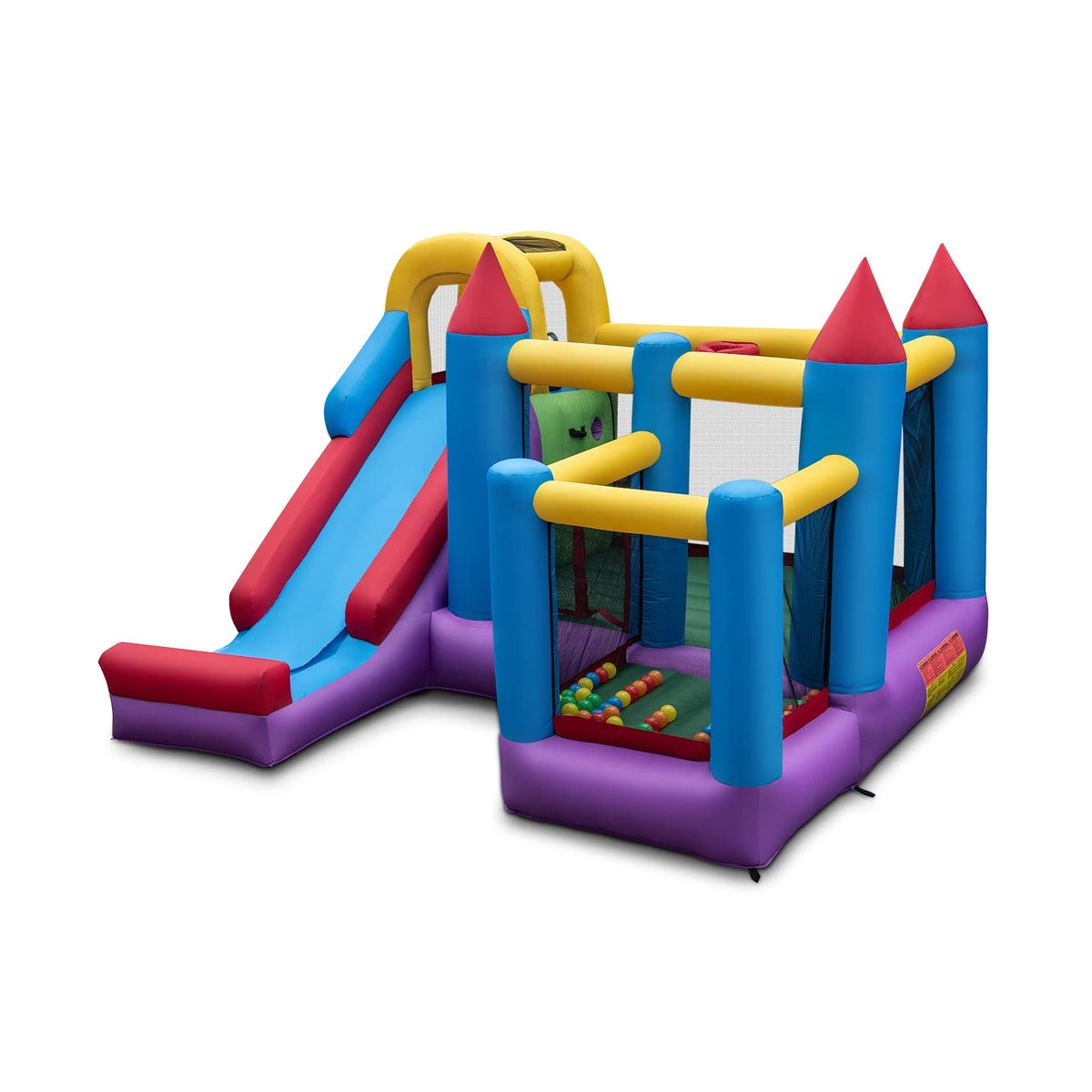 Inflatable Kids Bouncy House, Jumping Castle Trampoline, w/Slide, Jump Area, Climbing Wall, Basketball Hoop