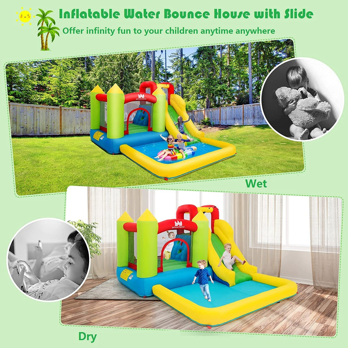 Inflatable Water Slide, Indoor Outdoor Kids Water Bounce House Jumping Castle Combo (Without Blower)