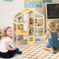 Wooden Dollhouse for Kids, Modern Family Pretend Playhouse w/Furniture Pieces & Figures