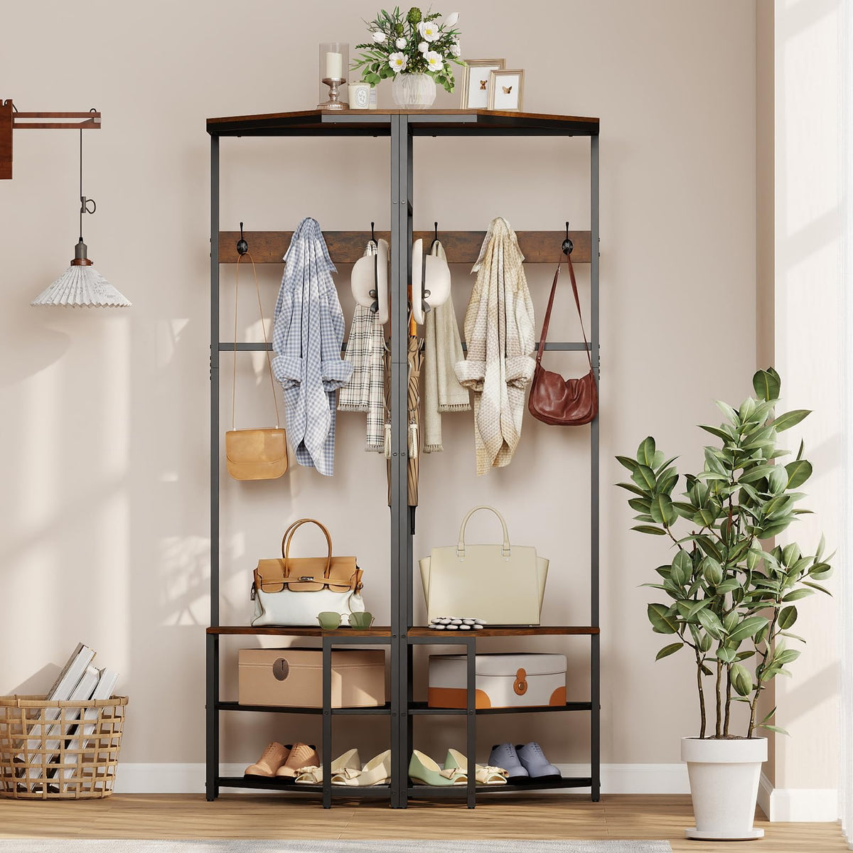 Freestanding Coat Rack with Storage Shelves and Shoe Racks