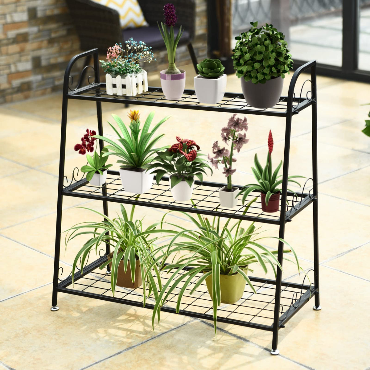 3-Tier Metal Plant Stand with Adjustable Feet for Indoor & Outdoor